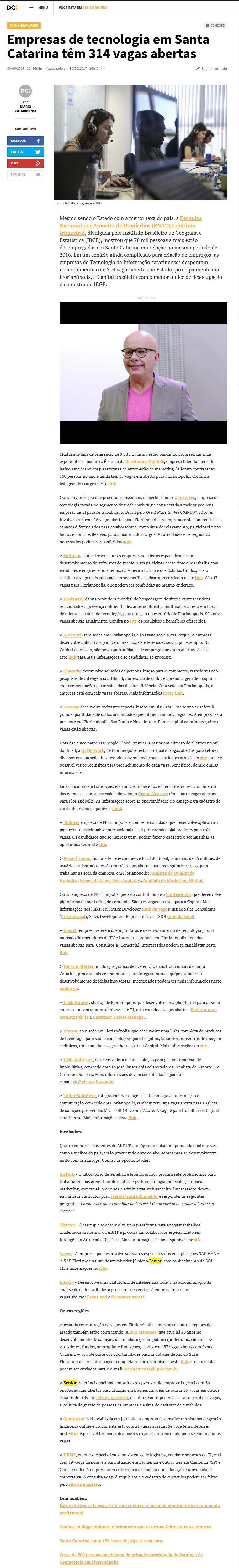 DIÁRIO CATARINENSE | Empresas de tecnologia em Santa Catarina têm 314 vagas abertas