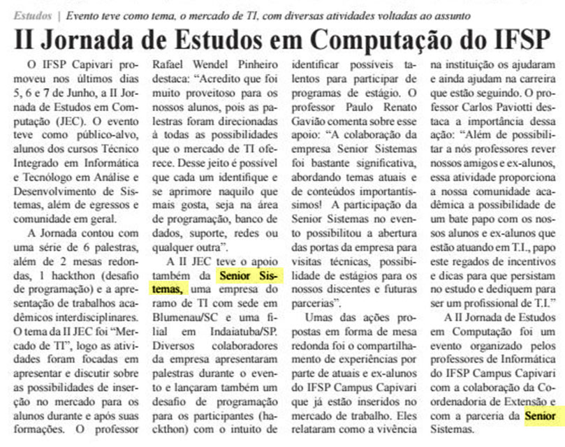 O SEMANÁRIO-BLUEMANAU | II jornada de estudos em computação do IFSP