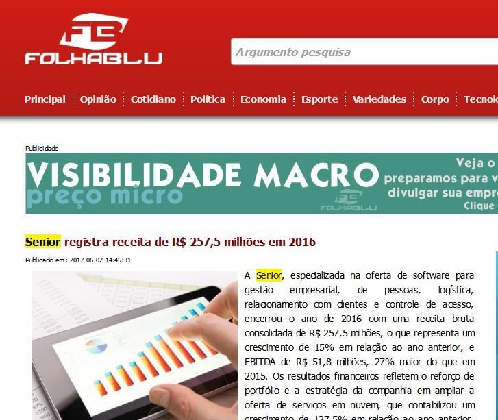 FOLHABLU | Senior registra receita de R$ 257,5 milhões em 2016