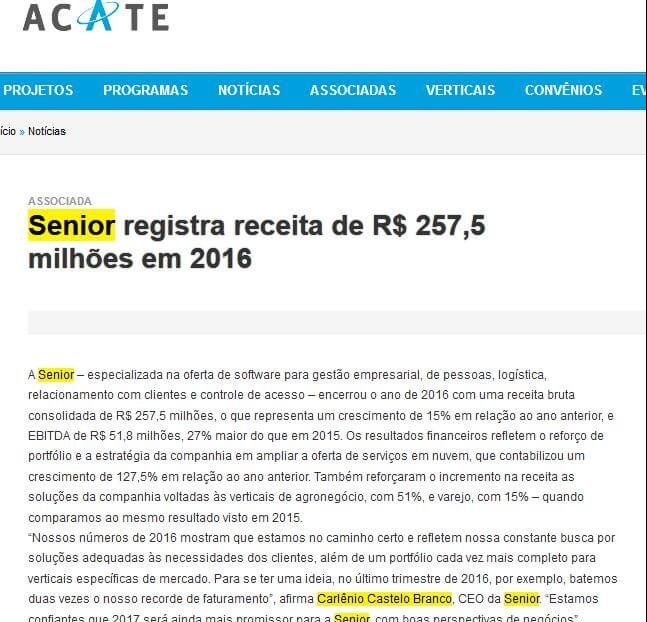 ACATE | Senior registra receita de R$ 257,5 milhões em 2016