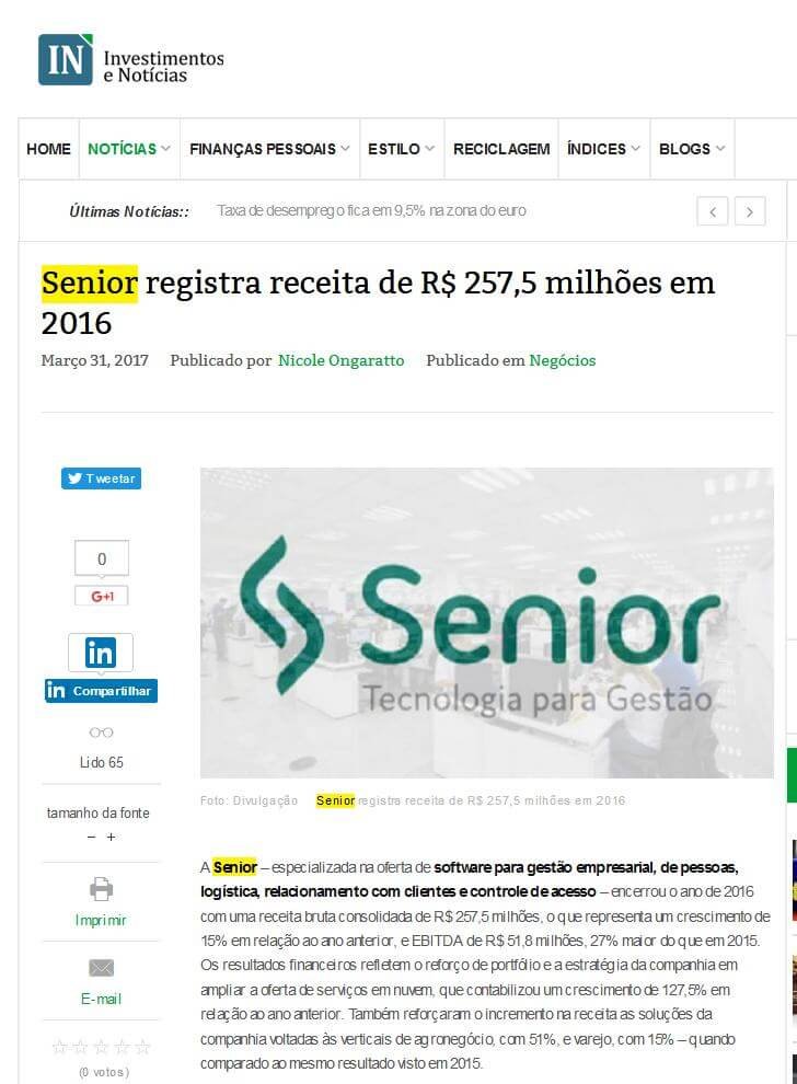 INVESTIMENTOS E NOTÍCIAS | Senior registra receita de R$ 257,5 milhões em 2016
