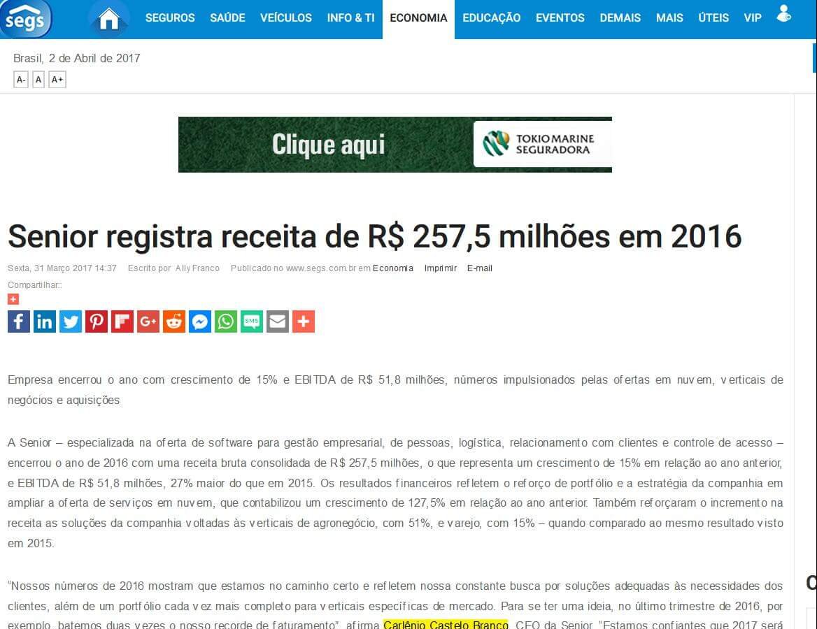 SEGS | Senior registra receita de R$ 257,5 milhões em 2016