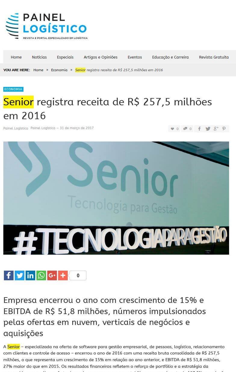 PAINEL LOGÍSTICO | Senior registra receita de R$ 257,5 milhões em 2016