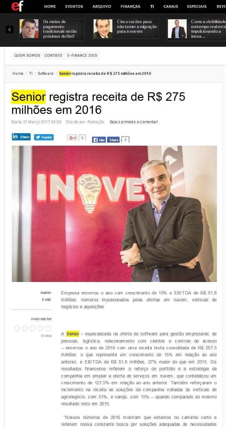 EXECUTIVOS FINANCEIROS | Senior registra receita de R$ 275 milhões em 2016