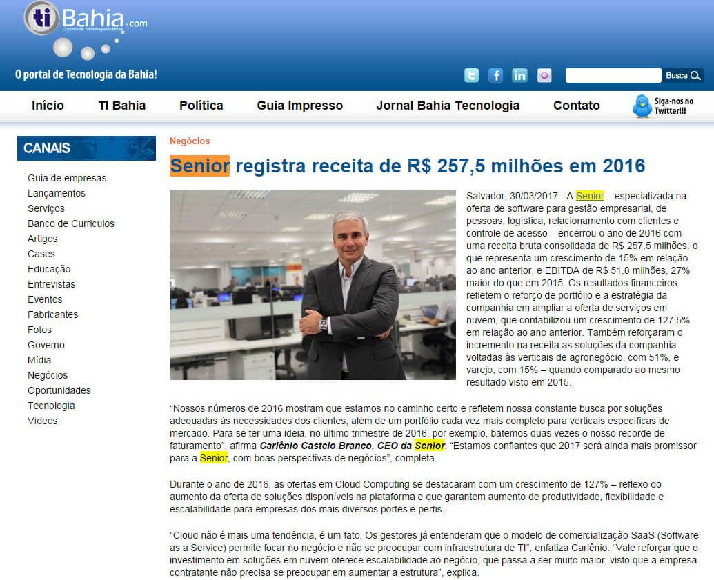 TI BAHIA | Senior registra receita de R$ 257,5 milhões em 2016