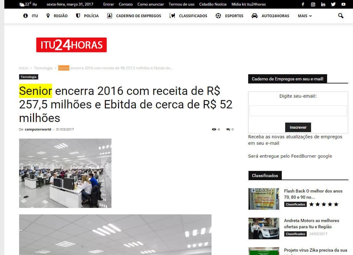 ITU24HORAS | Senior encerra 2016 com receita de R$ 257,5 milhões e ebitda de cerca de r$ 52 milhões
