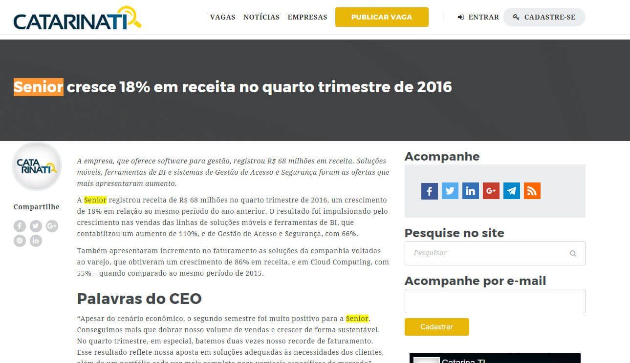 CATARINATI | Senior cresce 18% em receita no quarto trimestre de 2016