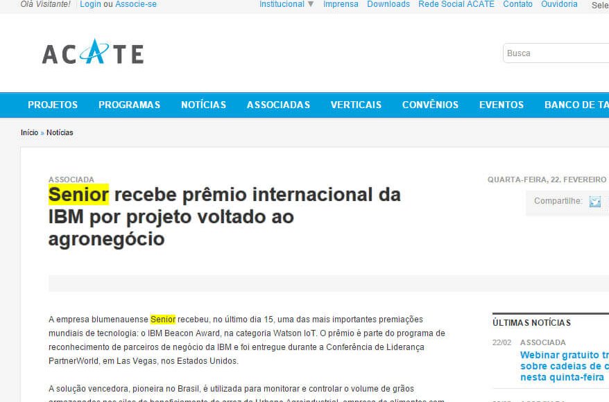 ACATE | Senior recebe prêmio internacional da IBM por projeto voltado ao agronegócio