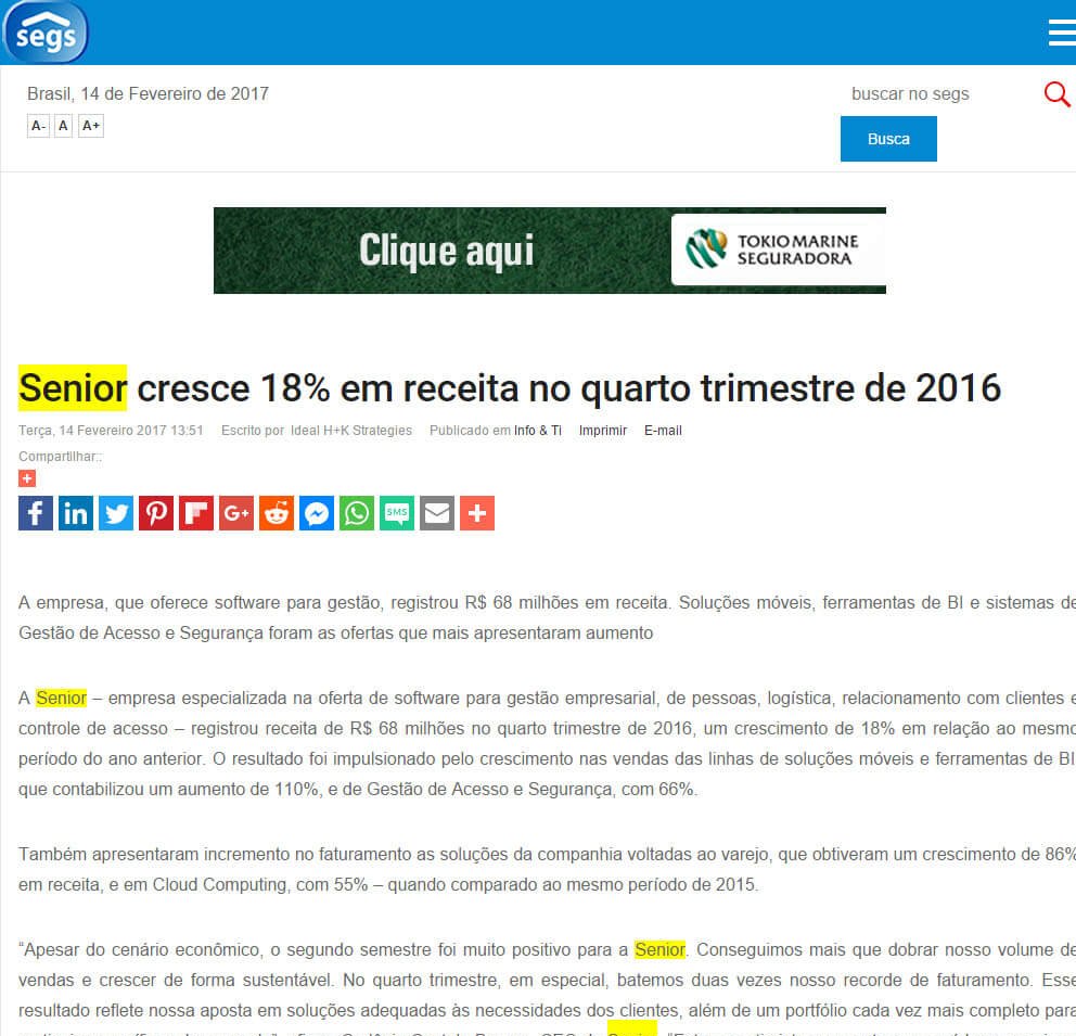 PORTAL SEGS |  Senior cresce 18% em receita no quarto trimestre de 2016
