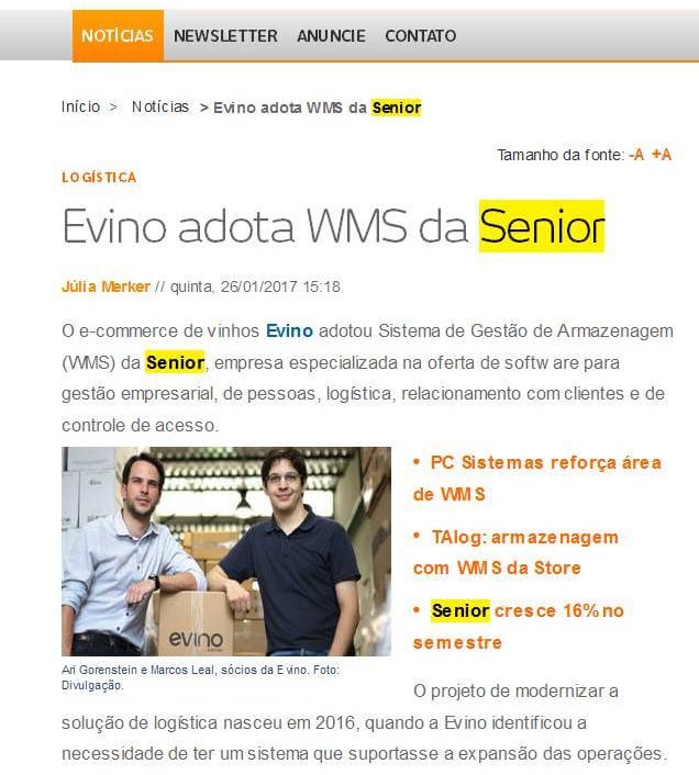 BAGUETE |  Evino adota WMS da Senior.