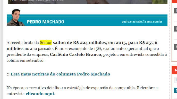 JORNAL DE SANTA CATARINA | Pedro Machado: receita da Senior cresce 15% em 2016