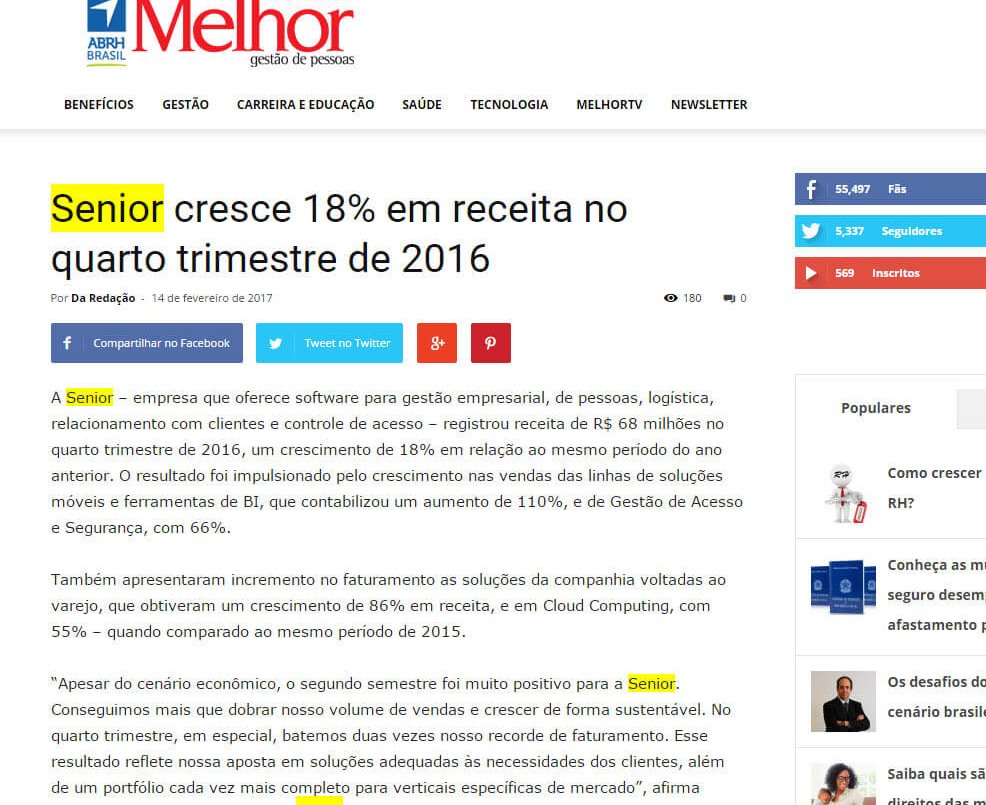 MELHOR GESTÃO DE PESSOAS | Senior cresce 18% em receita no quarto trimestre de 2016