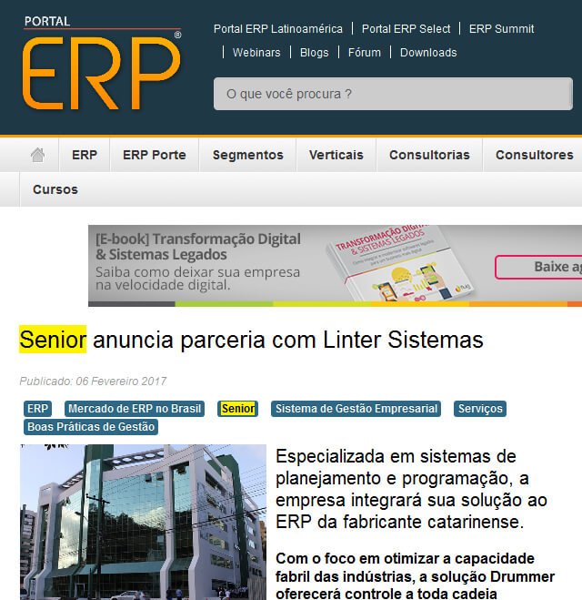 PORTAL ERP |  Senior anincia parceria com Linter Sistemas