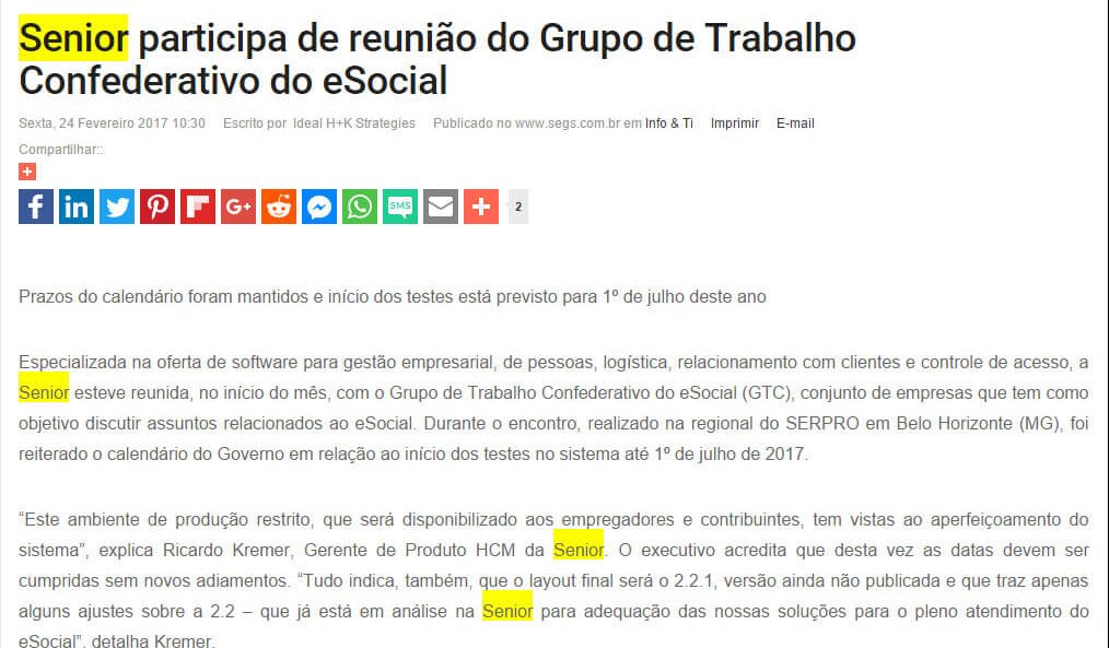 PORTAL SEGS | Senior participa de reunião do Grupo de Trabalho Confederativo do eSocial.