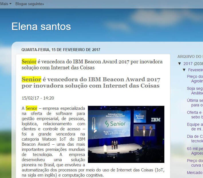 ELENA SANTOS | Senior é vencedora do IBM Beacon Award 2017 por inovadora solução com Internet das Coisas.