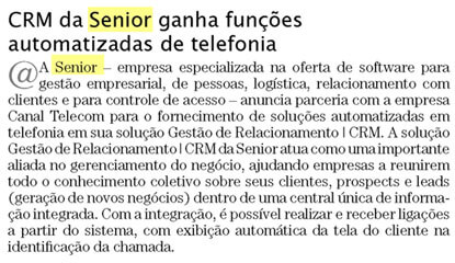EMPRESAS & NEGÓCIOS | Senior anuncia parceria com Canal Telecom para integração com CRM