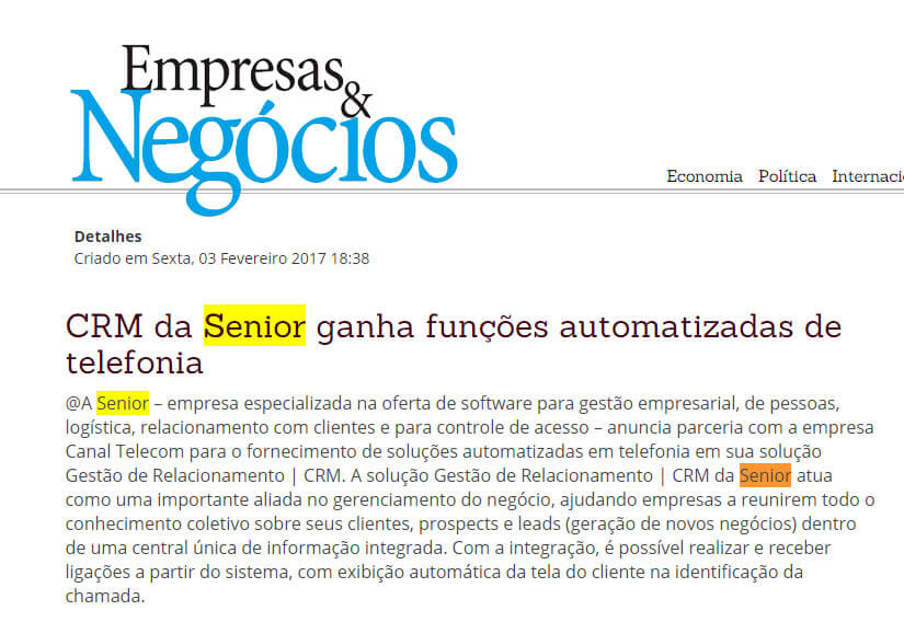 EMPRESAS & NEGÓCIOS | CRM da Senior ganha funções automatizadas de telefonia.