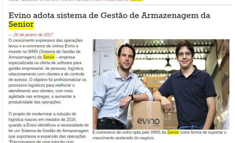 DIÁRIO INDÚSTRIA & COMÉRCIO |  Evino adota sistemas de Gestão de Armazenagem da Senior.