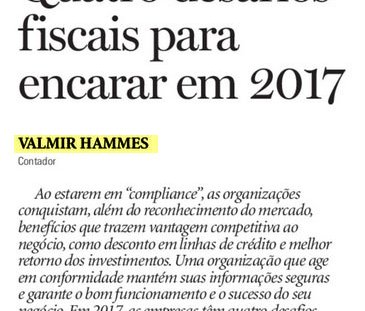 JORNAL DE SANTA CATARINA | Quatro desafios fiscais para encarar em 2017.