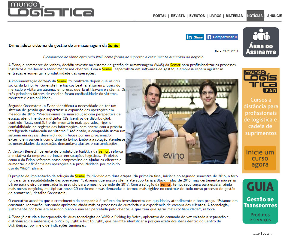 MUNDO LOGÍSTICA | Evino adota sistema de Gestão de Armazenagem da Senior.