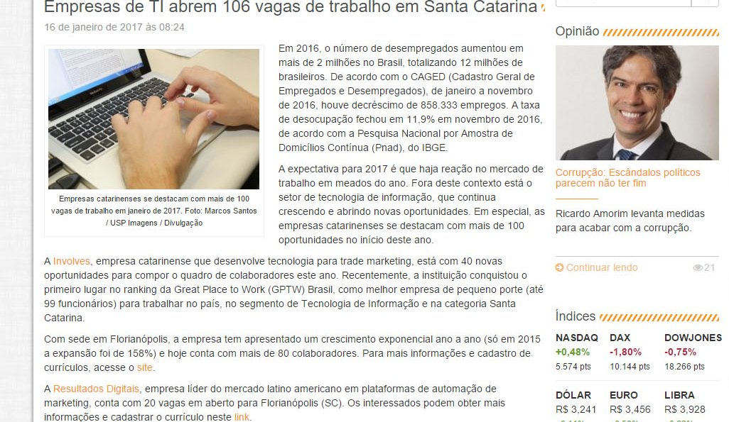 ECONOMIASC | Empresas de TI abrem 106 vagas de trabalho em Santa Catarina