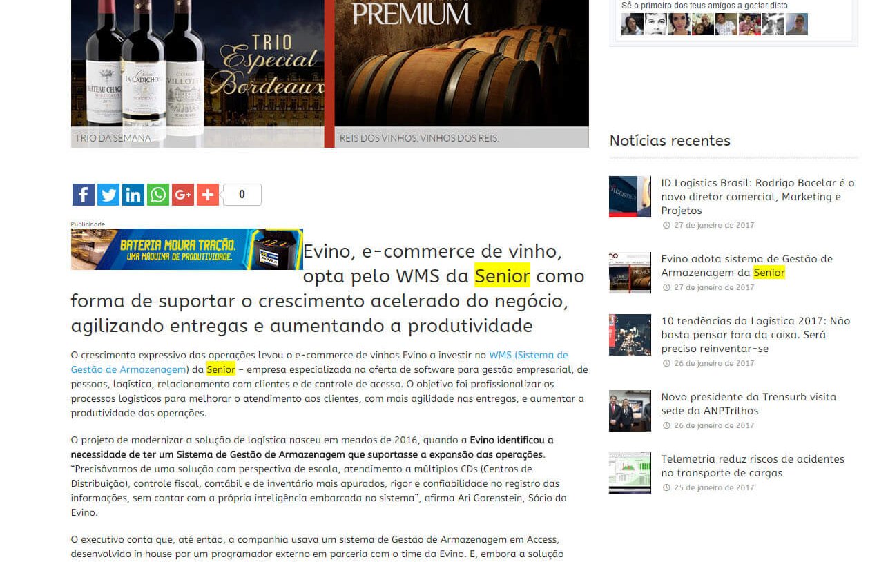 PAINEL LOGÍSTICO | Evino adota sistema de Gestão de Armazenagem da Senior.