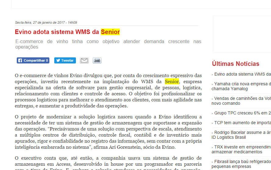 TECNOLOGÍSTICA | Evino adota sistema WMS da Senior.