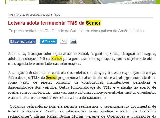 TECNOLOGÍSTICA | Letsara adota ferramenta TMS da Senior.