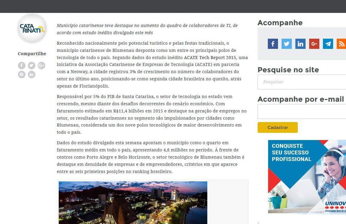 CATARINA TI | Setor tecnológico de Blumenau é o segundo que mais cresce no país