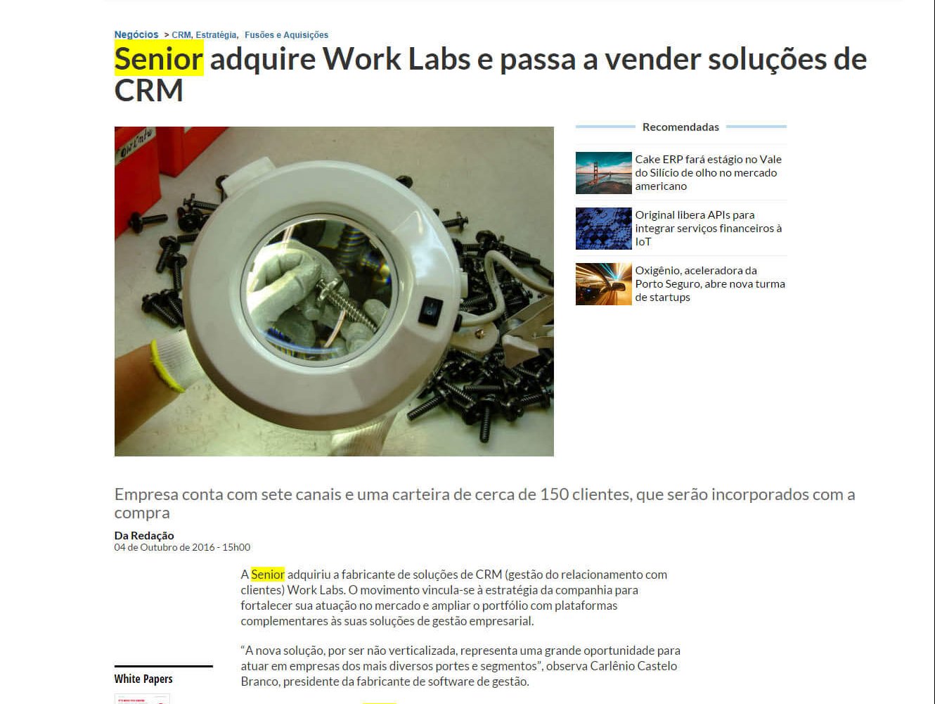 COMPUTERWORLD | Senior adquire Work Labs e passa a vender soluções de CRM