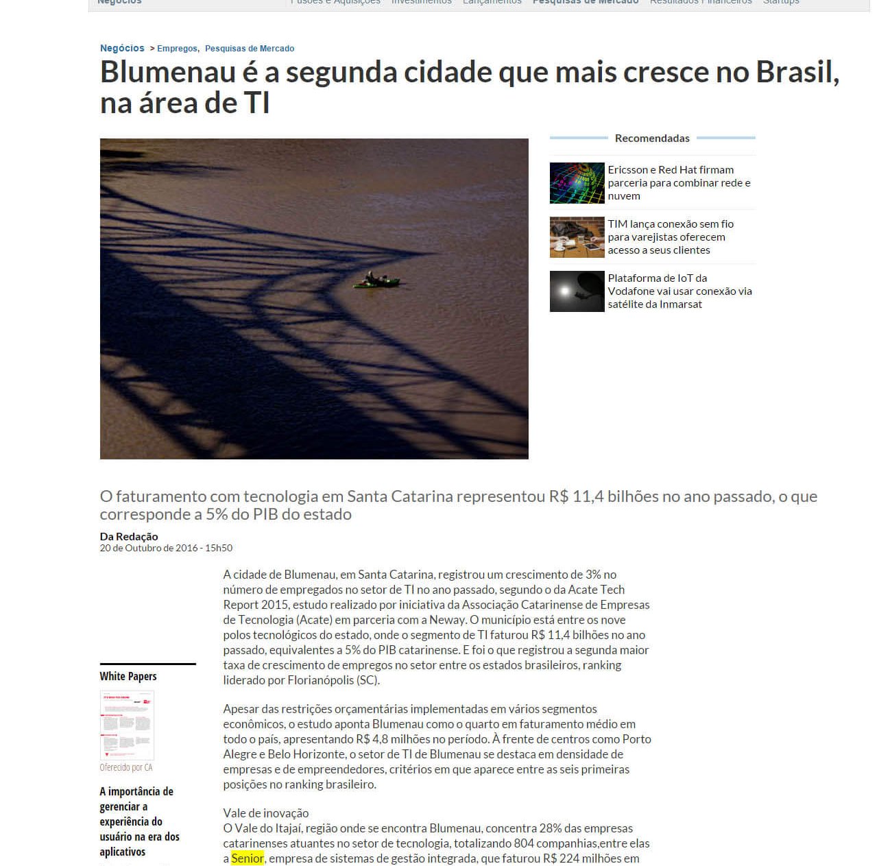 COMPUTERWORLD | Blumenau é a segunda cidade que mais cresce no Brasil, na área de TI