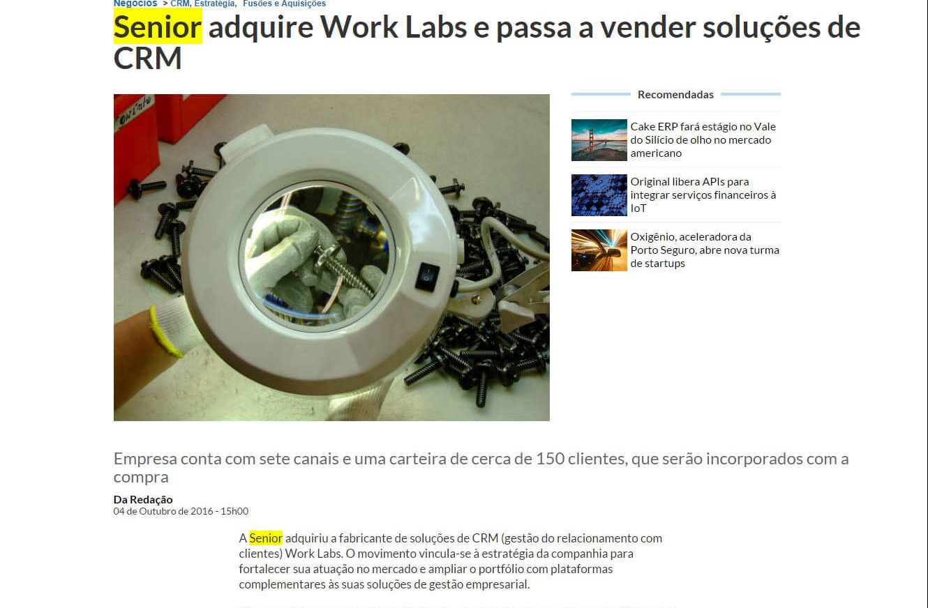 COMPUTERWORLD | Senior adquire Work Labs e passa a vender soluções de CRM