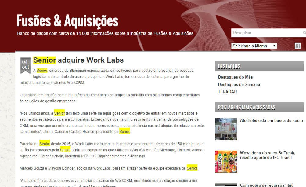 FUSÕES & AQUISIÇÕES | Senior adquire Work Labs