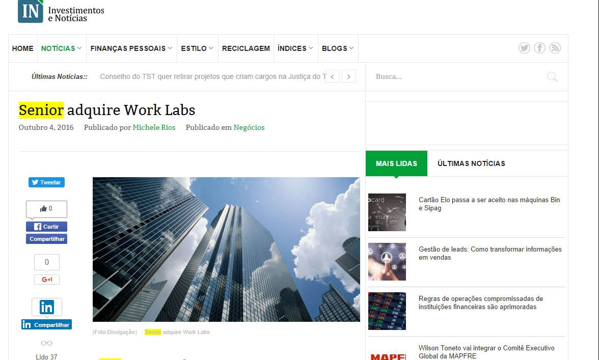 INVESTIMENTOS E NOTÍCIAS | Senior adquire Work Labs