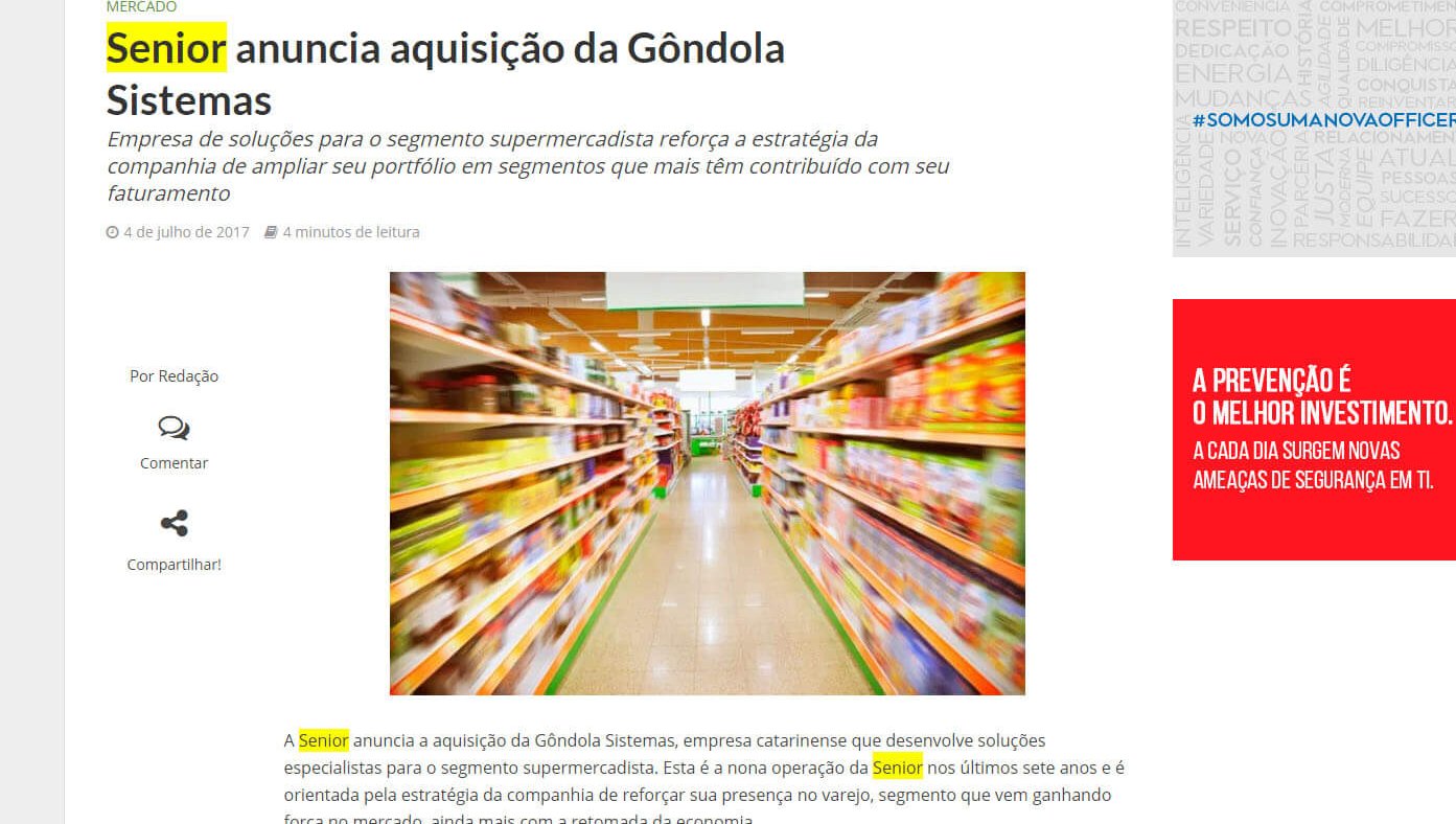 INFOR CHANNEL | Senior anuncia aquisição da Gôndola Sistemas