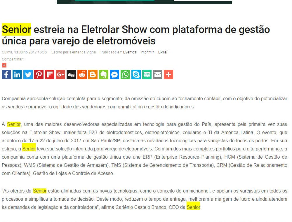 PORTAL SEGS | Senior estreia na Eletrolar Show com plataforma de gestão única para varejo de eletromóveis