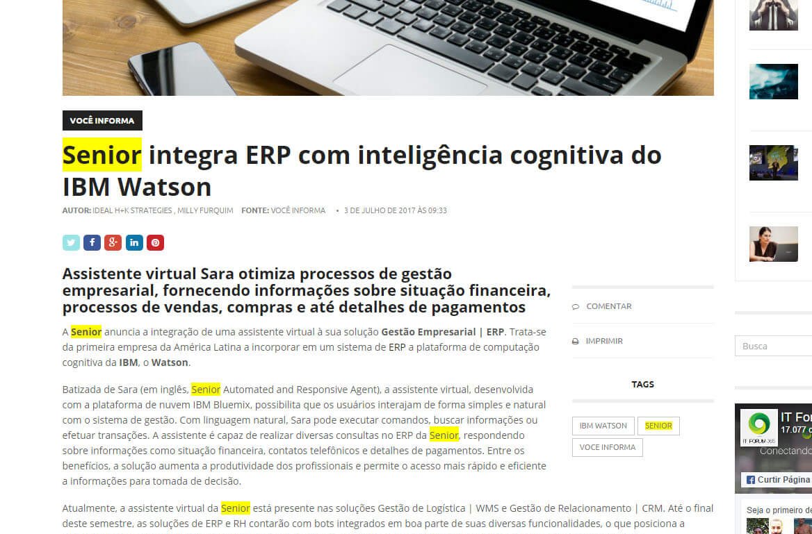 IT FORUM 365 | Senior integra ERP com inteligência cognitiva do ibm watson