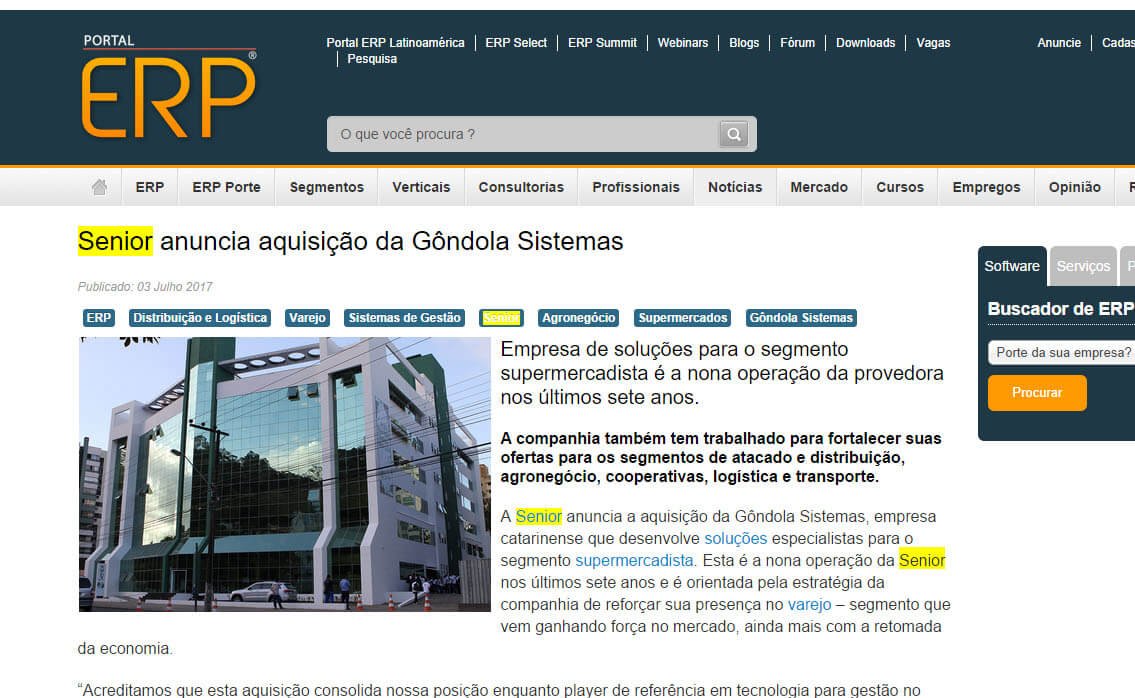 PORTAL ERP | Senior anuncia aquisição da Gôndola Sistemas