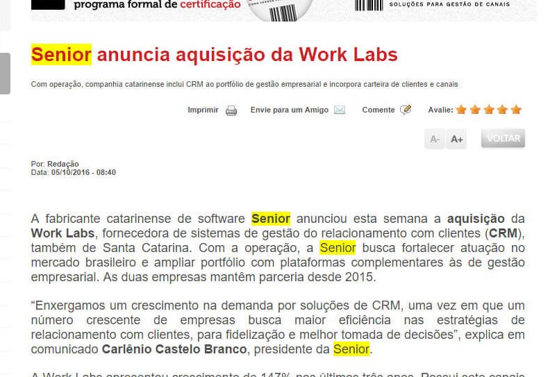 PORTAL DO CANAL | Senior anuncia aquisição da WORK LABS