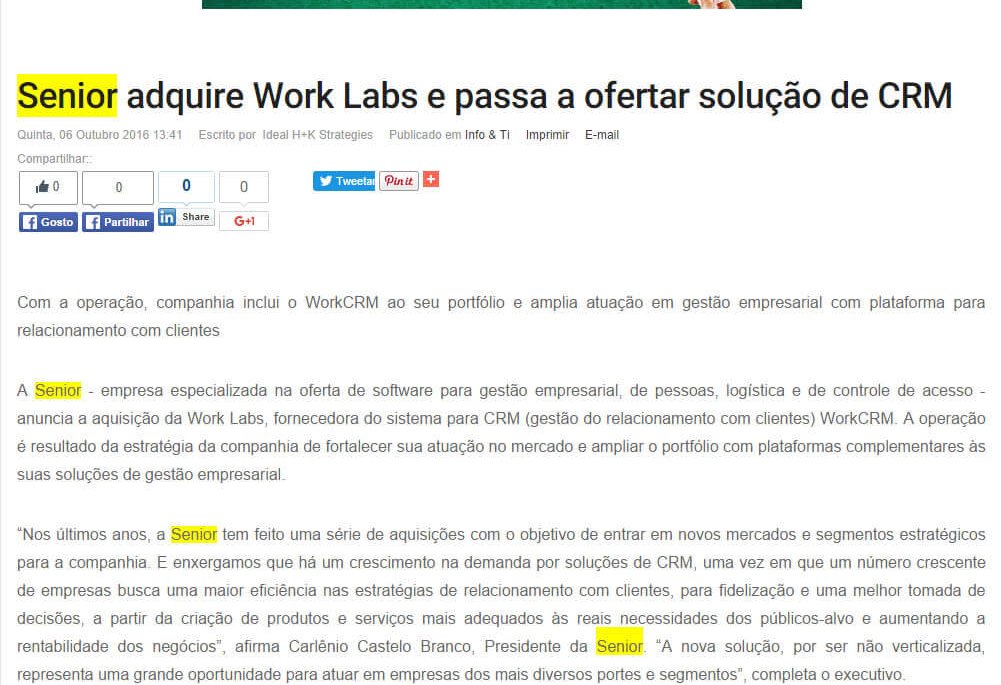PORTAL SEGS | Senior adquire Work Labs e passa a ofertar solução de CRM