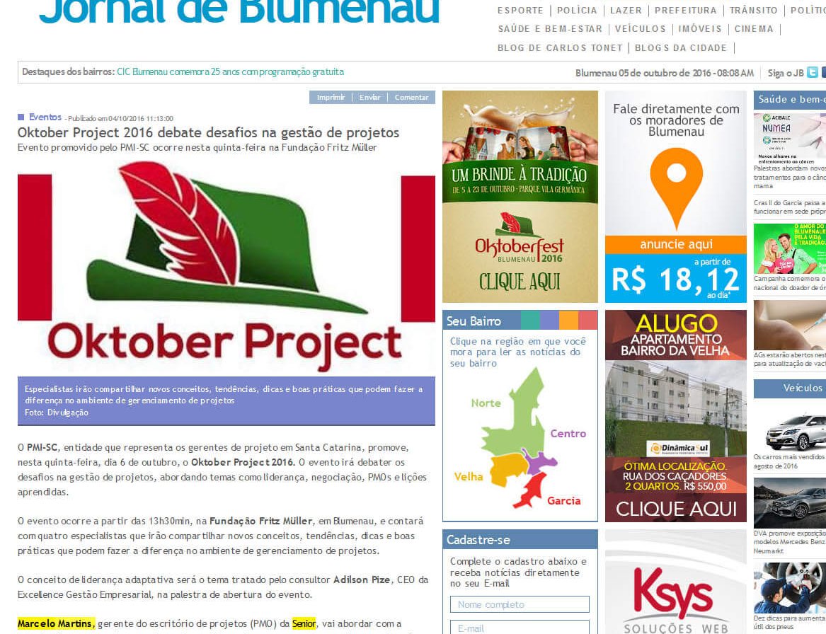 JORNAL DE BLUMENAU | Oktober Project 2016 debate desafios na Gestão de projetos
