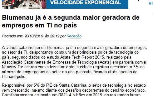 TI INSIDE | Blumenau é a segunda cidade que mais cresce no Brasil, na área de TI