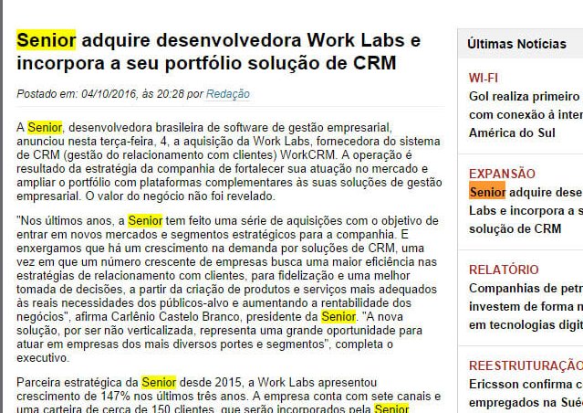 TI INSIDE | Senior adquire desenvolvedora Work Labs e incorpora a seu portfólio solução de CRM