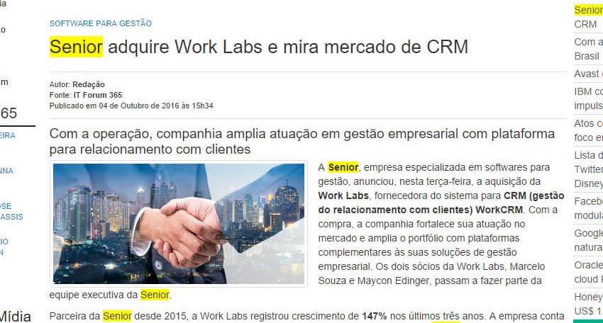 ITFORUM 365 | Senior adquire Work Labs e mira mercado de CRM
