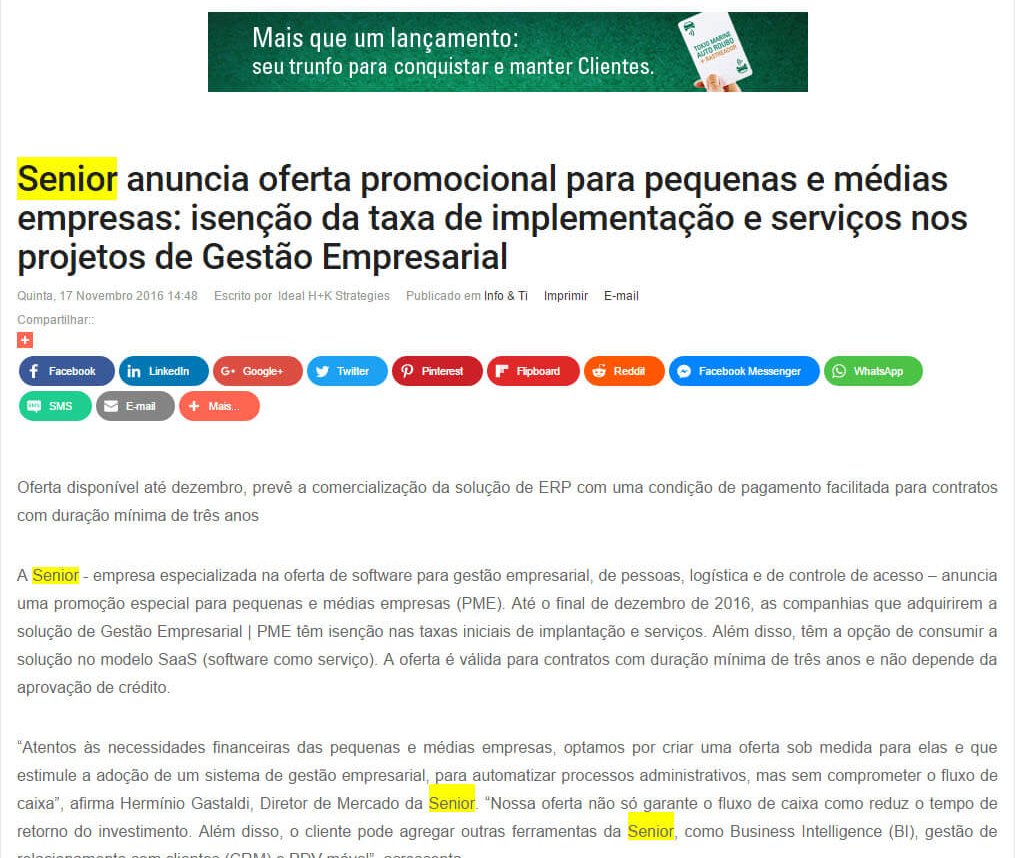 PORTAL SEGS | Senior anuncia oferta promocional para pequenas e médias empresas isenção da taxa de implementação e serviços nos projetos de Gestão Empresarial.