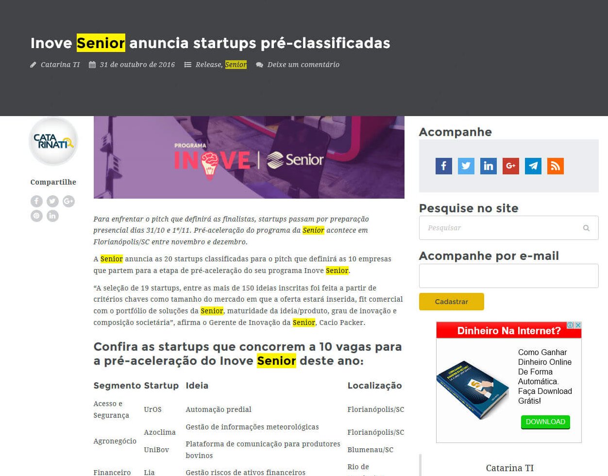 CATARINATI | Inove Senior anuncia startups pré-classificadas