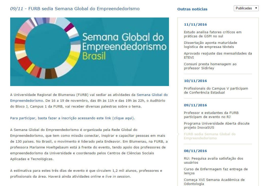 FURB |  Furb sedia semana Global do Empreendedorismo
