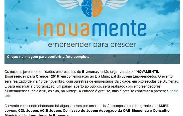 ACONTECENDO AQUI | Núcleos Jovens de Blumenau promovem 1ª edição do INOVAMENTE  para celebrar o Dia Municipal do Jovem Empreendedor