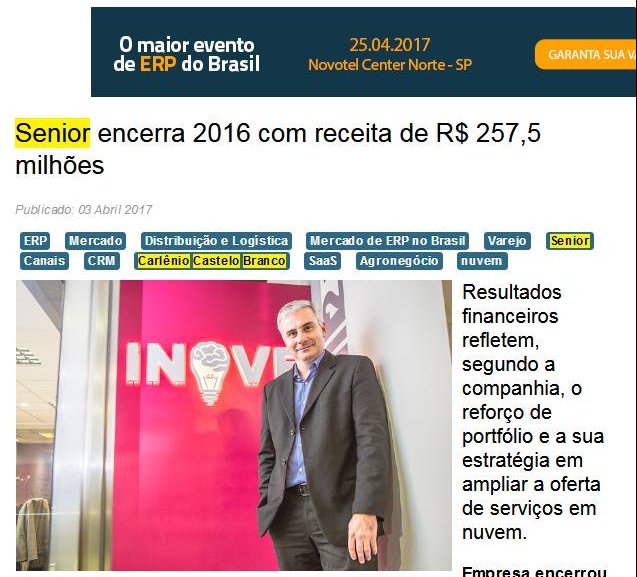 PORTAL ERP | Senior registra receita de R$ 257,5 milhões em 2016