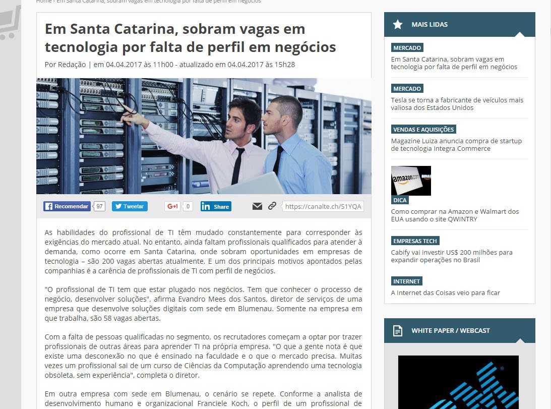 CANALTECH | Em Santa Catarina, sobram vagas em tecnologia por falta de perfil em negócios